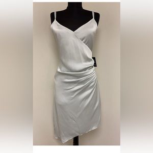 Express Ruched Faux Wrap Mini Slip Dress, XS, NWT, Light Gray, Satin Polyester